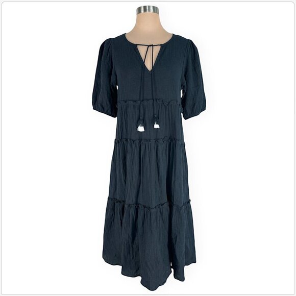 Scoop Long Black Tiered Tassel Gauze Midi Boho Oversized Summer Dress S 4 - 6 - Picture 2 of 5